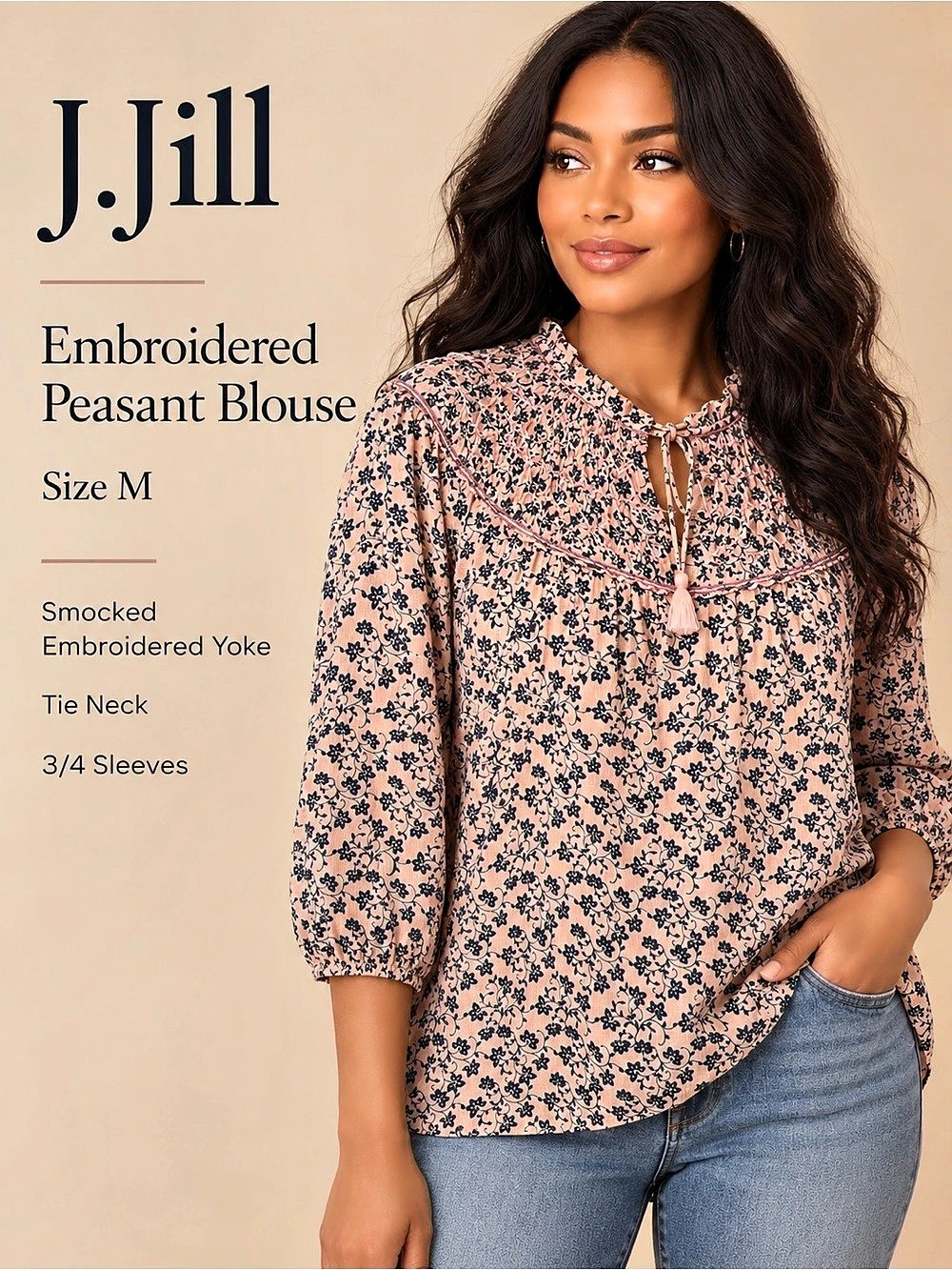 J.Jill Floral Embroidered Peasant Blouse Size M